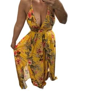 Cut out tropical print halter dress
